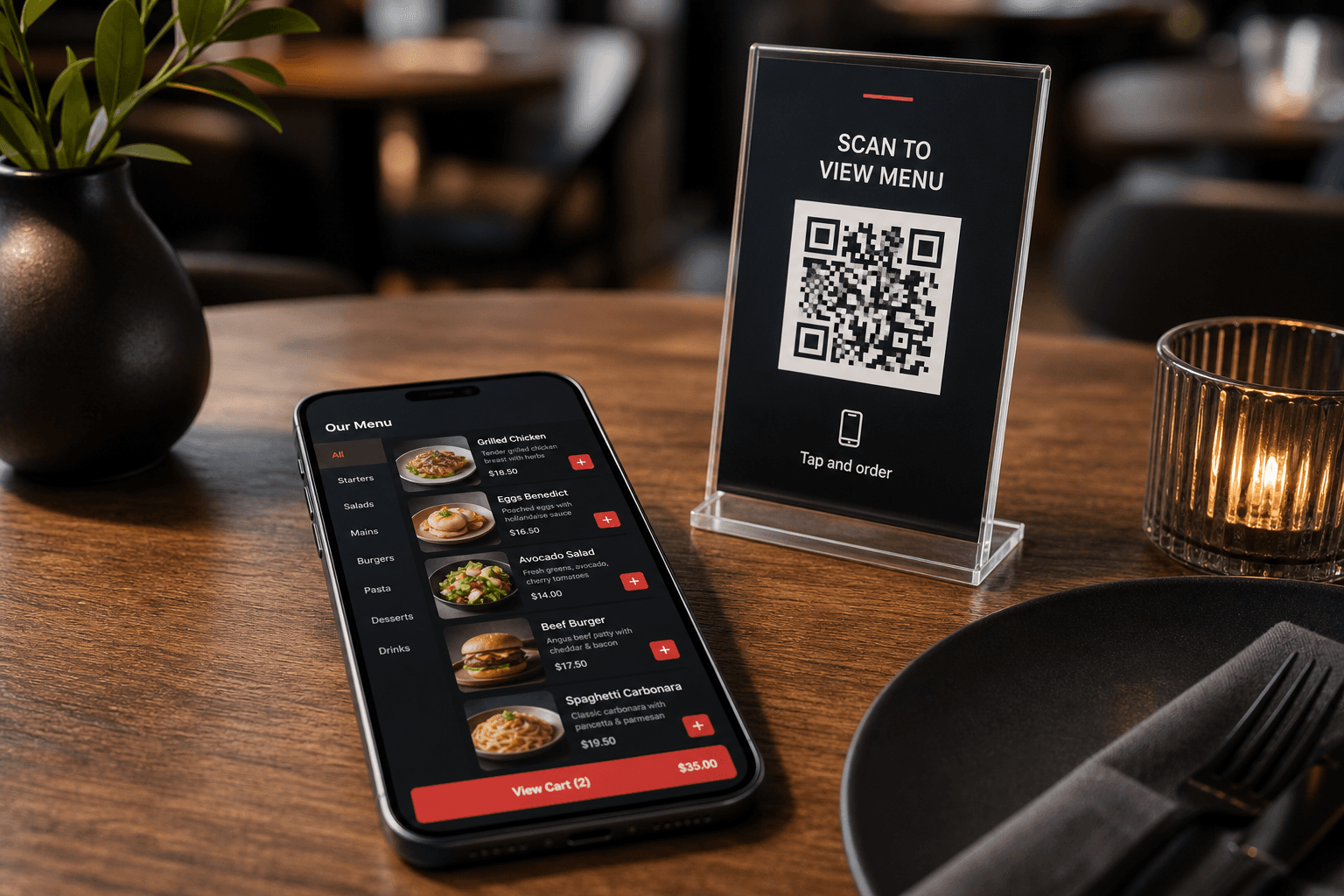 Telefon z menu QR i kodem na stoliku w restauracji