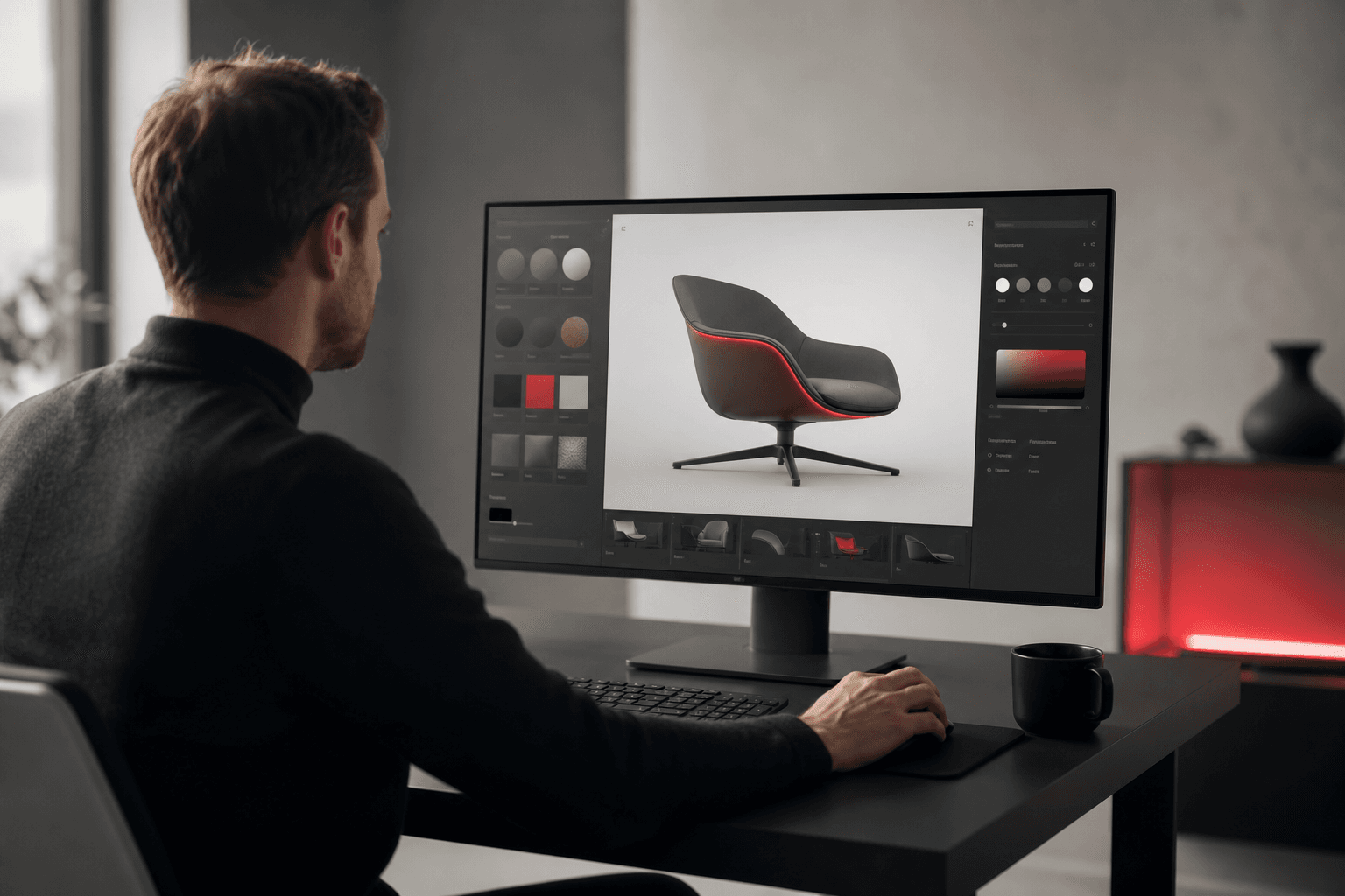 Konfigurator 3D produktu na dużym monitorze w biurze projektowym