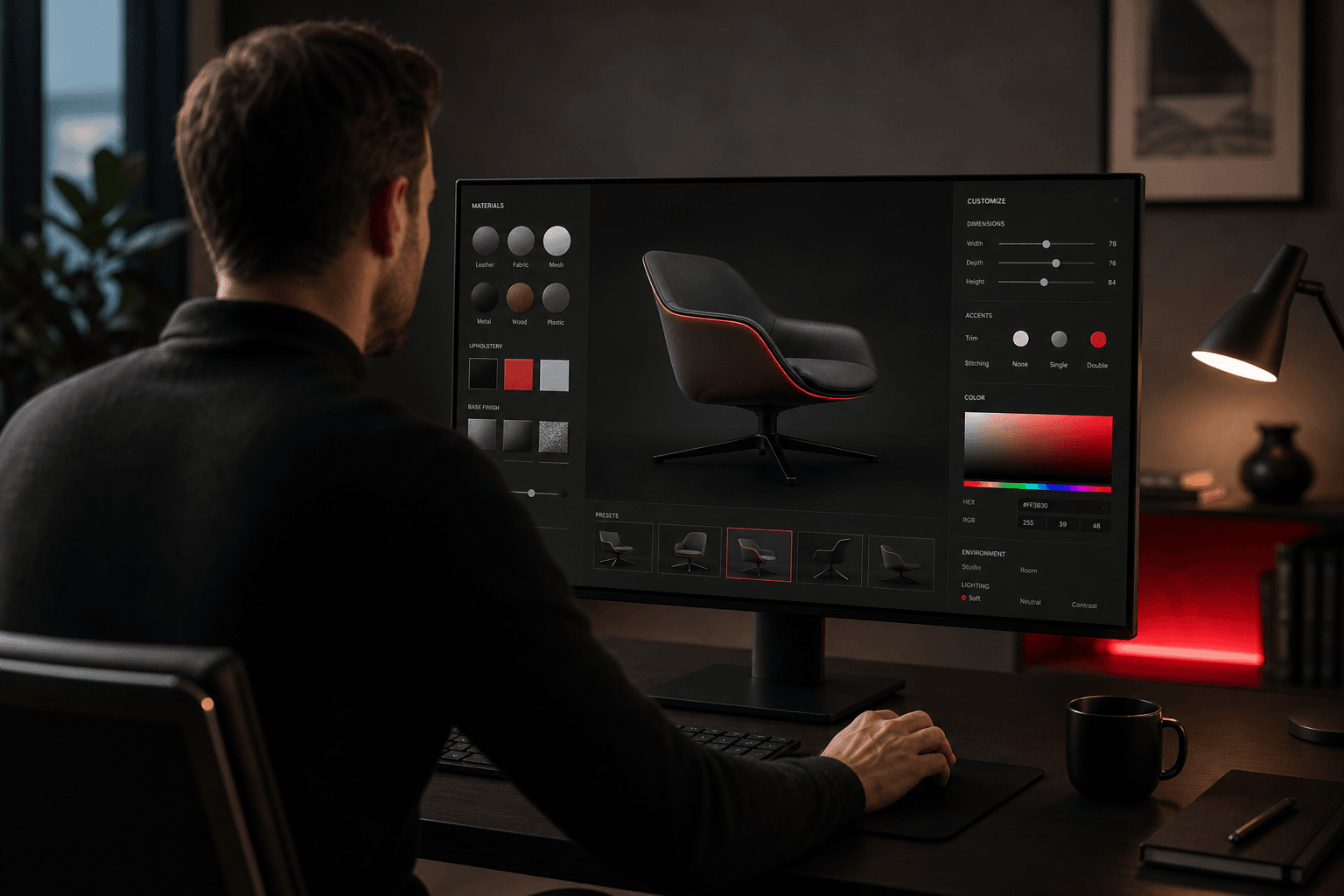 Konfigurator mebli 3D na monitorze w biurze