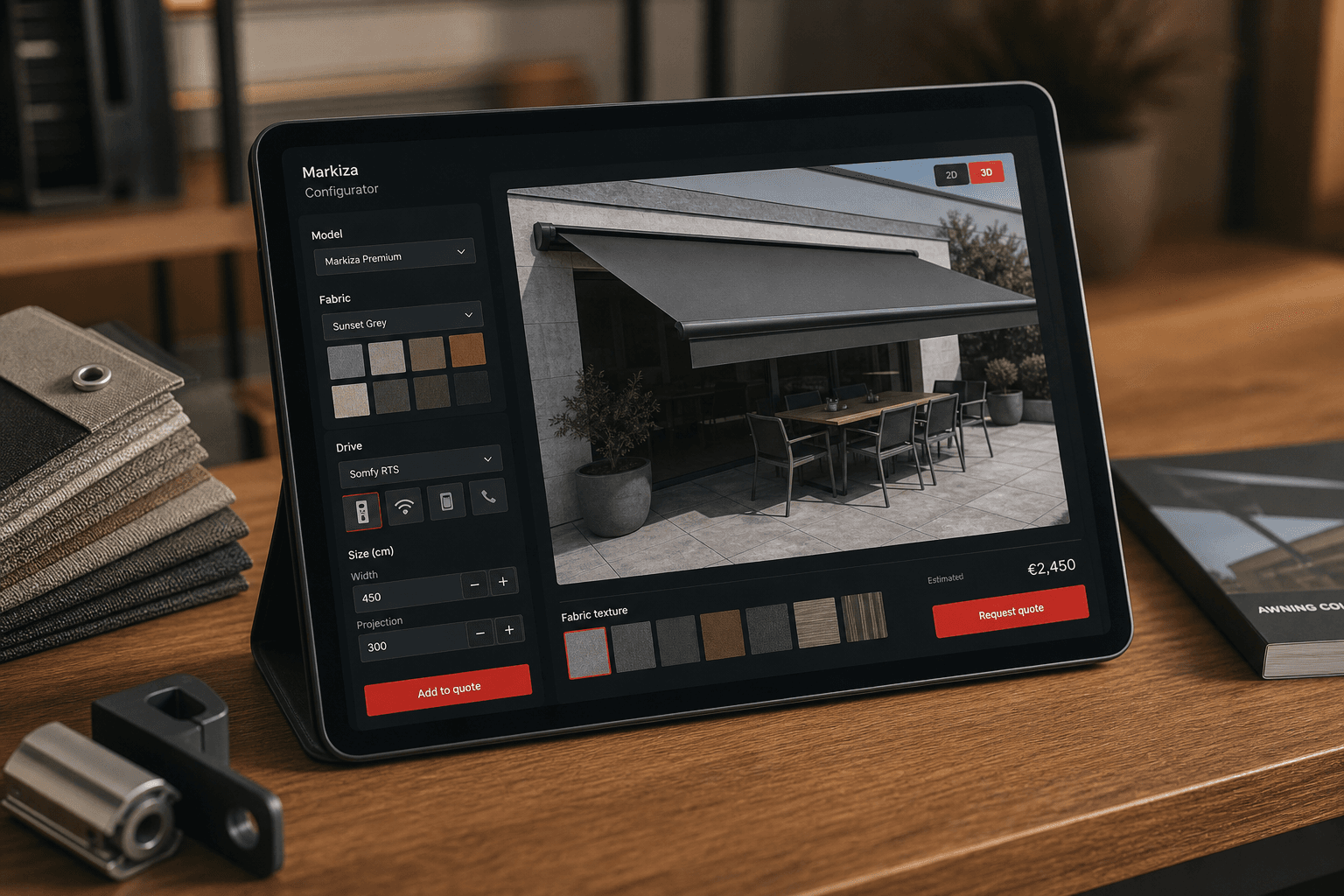Tablet z konfiguratorem markizy i próbkami tkanin