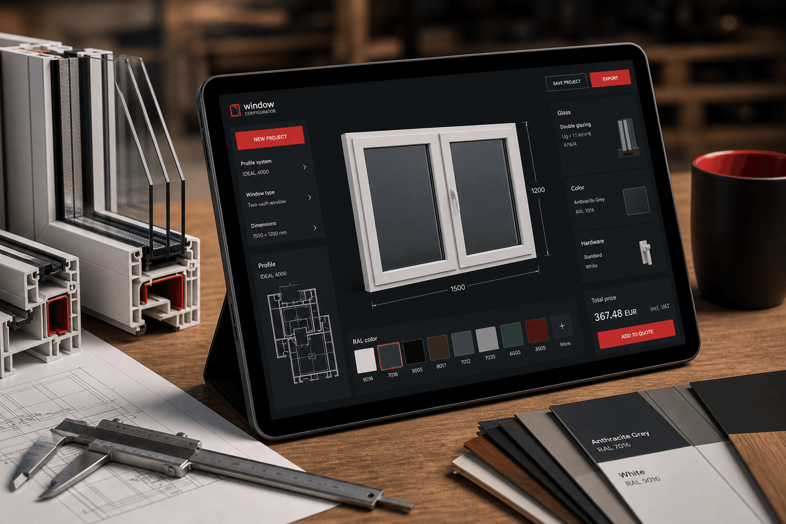 Tablet z parametrami stolarki i próbkami profili