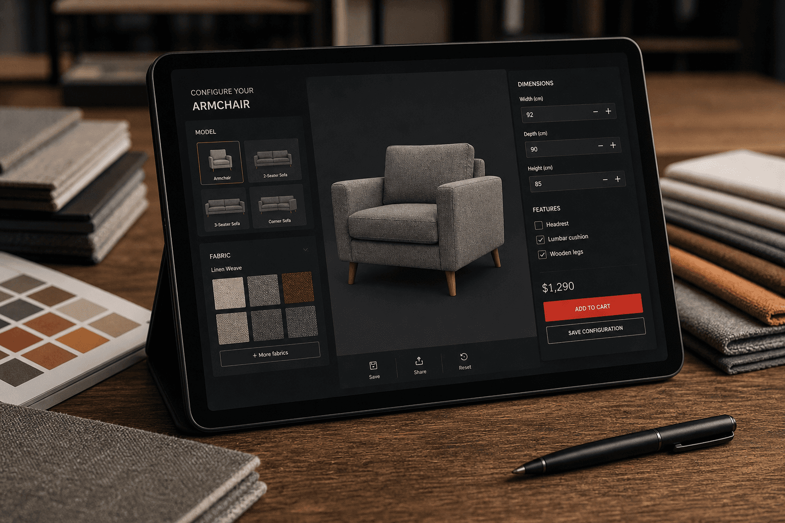 Tablet z konfiguratorem fotela i próbkami tkanin