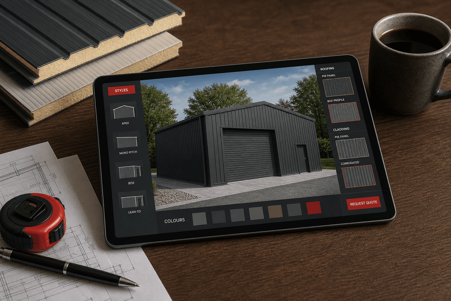 Tablet z konfiguratorem garażu i próbkami pokryć
