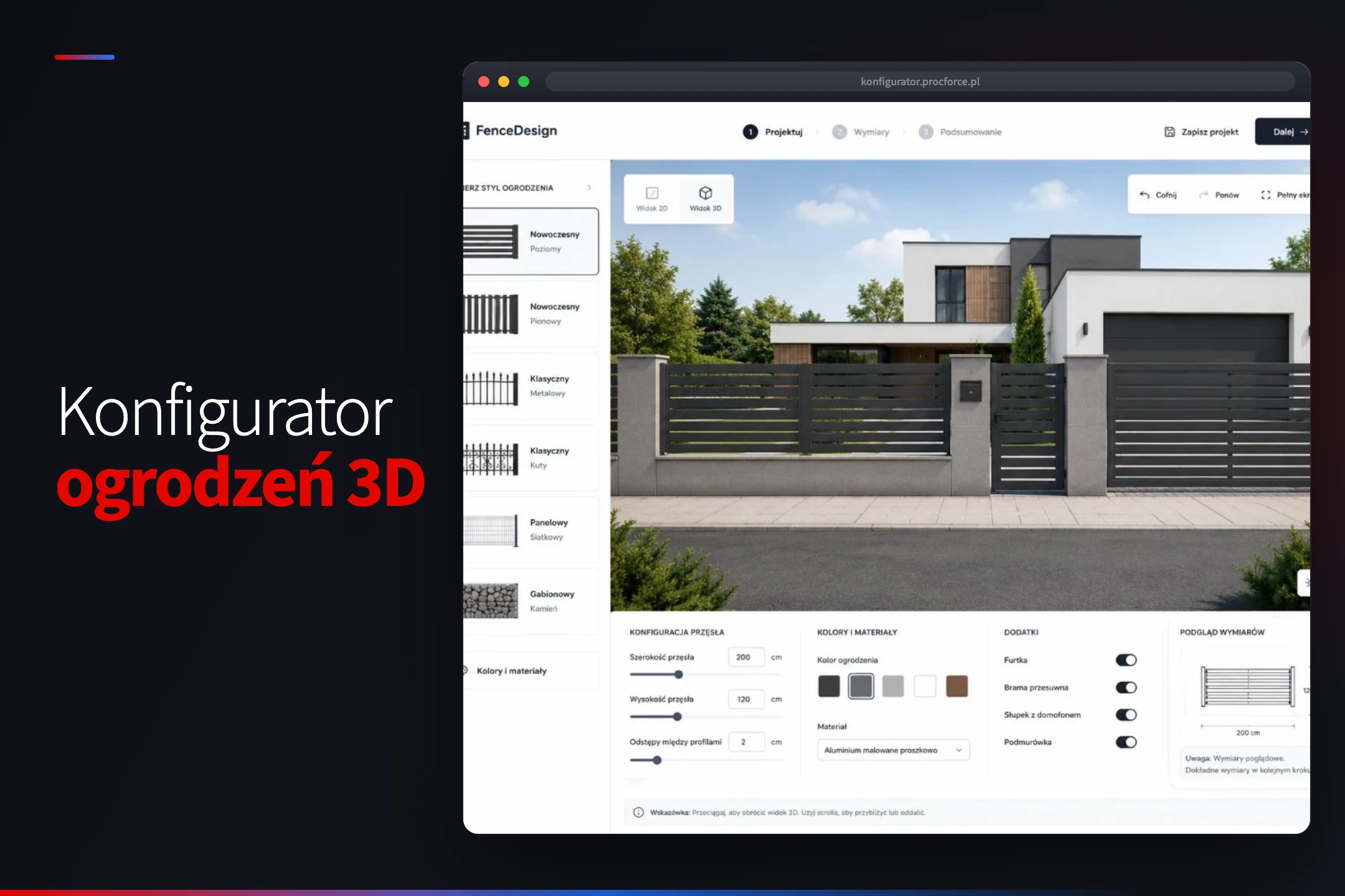 Konfigurator 3D ogrodzeń Procforce - podgląd ogrodzenia na działce z panelem konfiguracji