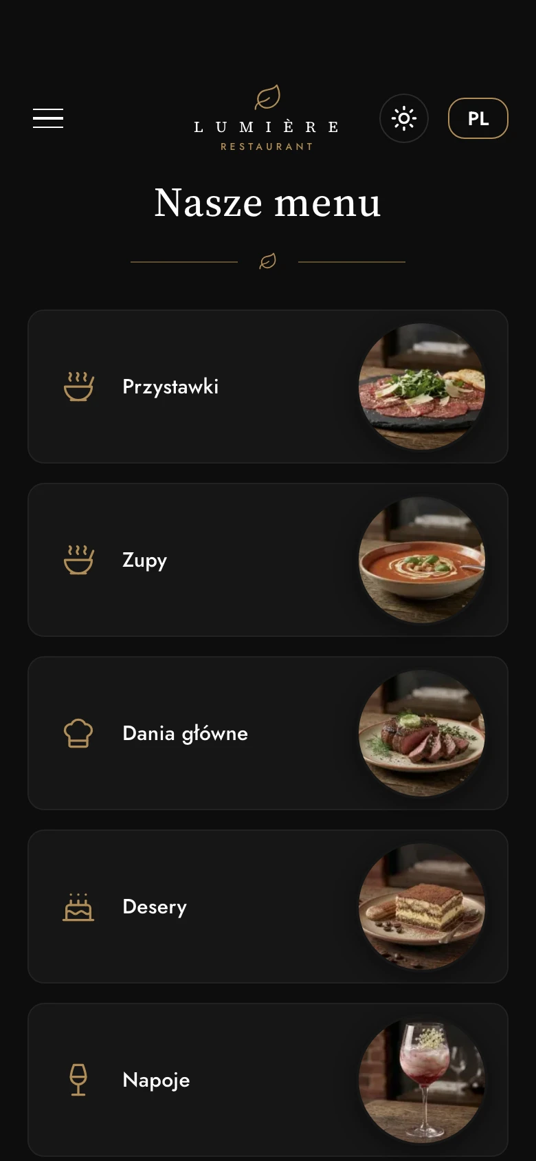 Lista kategorii w menu QR Lumiere Restaurant