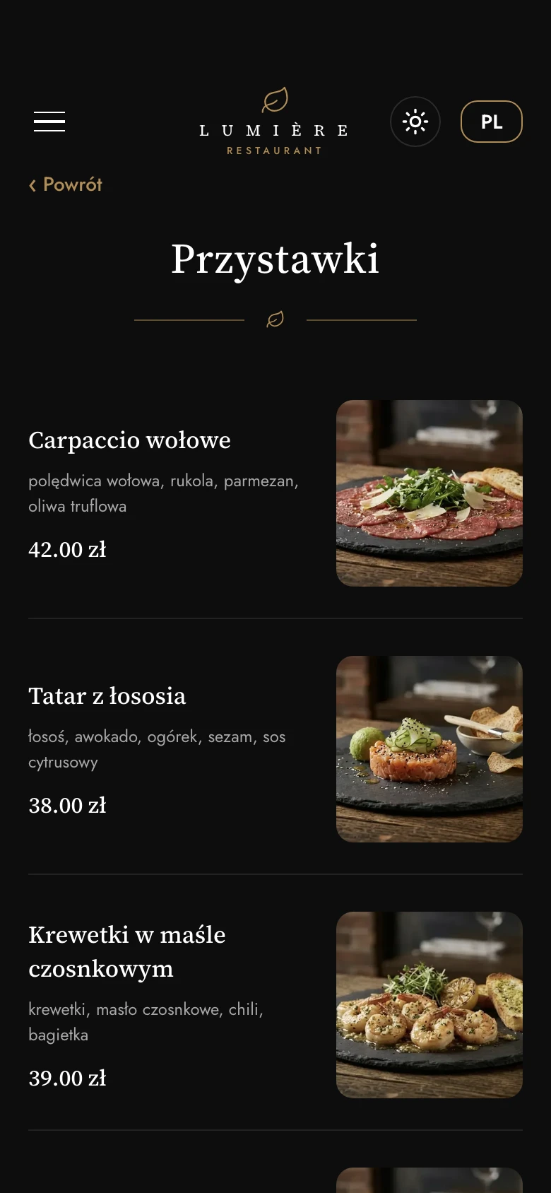 Lista przystawek w menu QR na telefonie