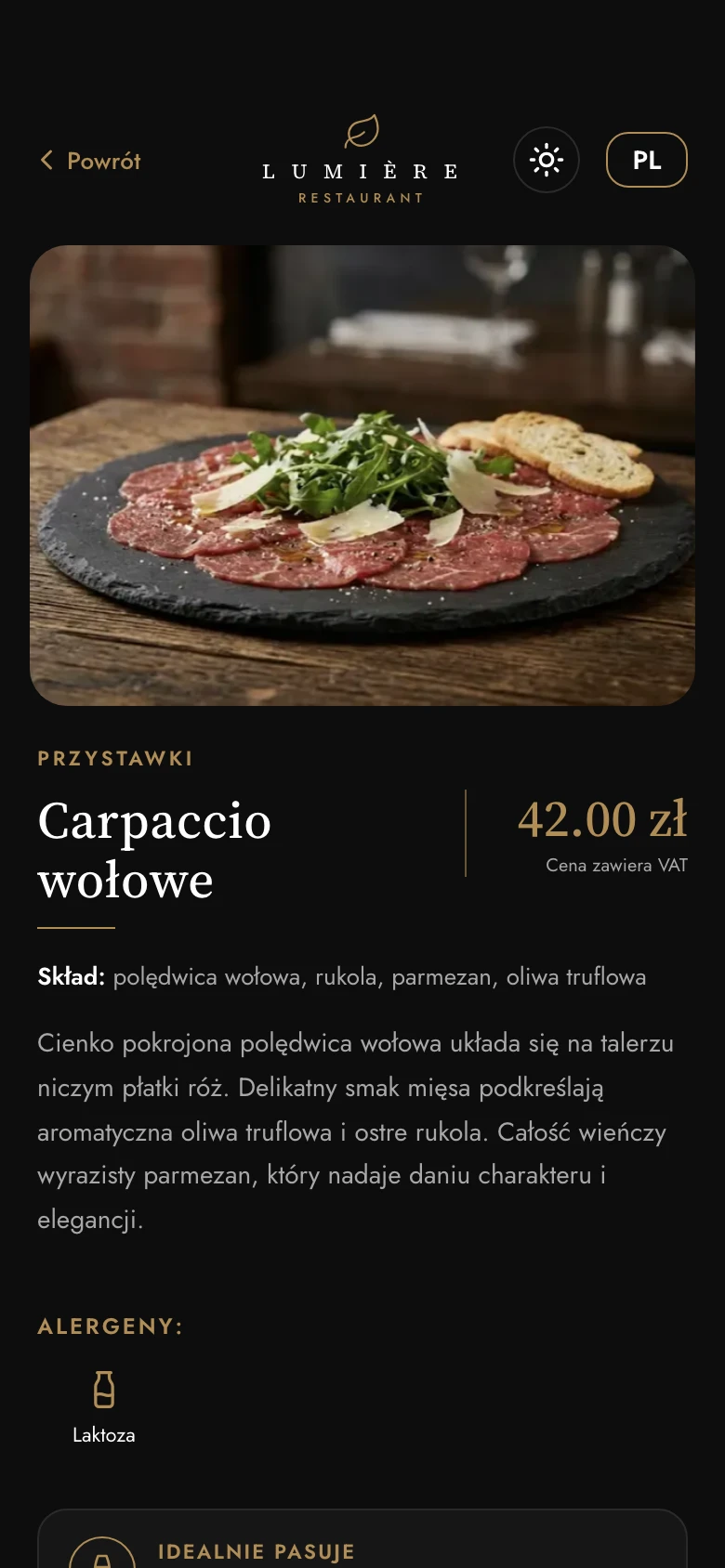 Szczegoly dania Carpaccio wolowe w menu QR