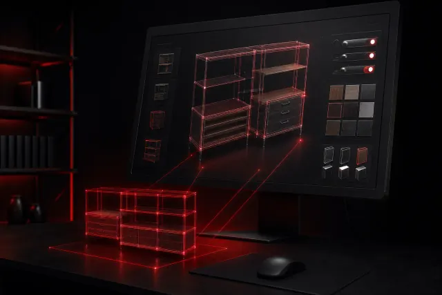 Konfigurator 3D produktu na stronie - klient sam dobiera wymiary, materiały i kolory