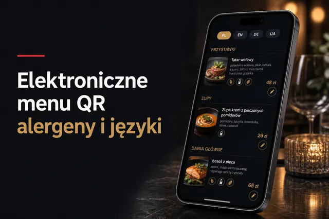Elektroniczne menu QR na telefonie: kategorie dań, ceny i alergeny w restauracji